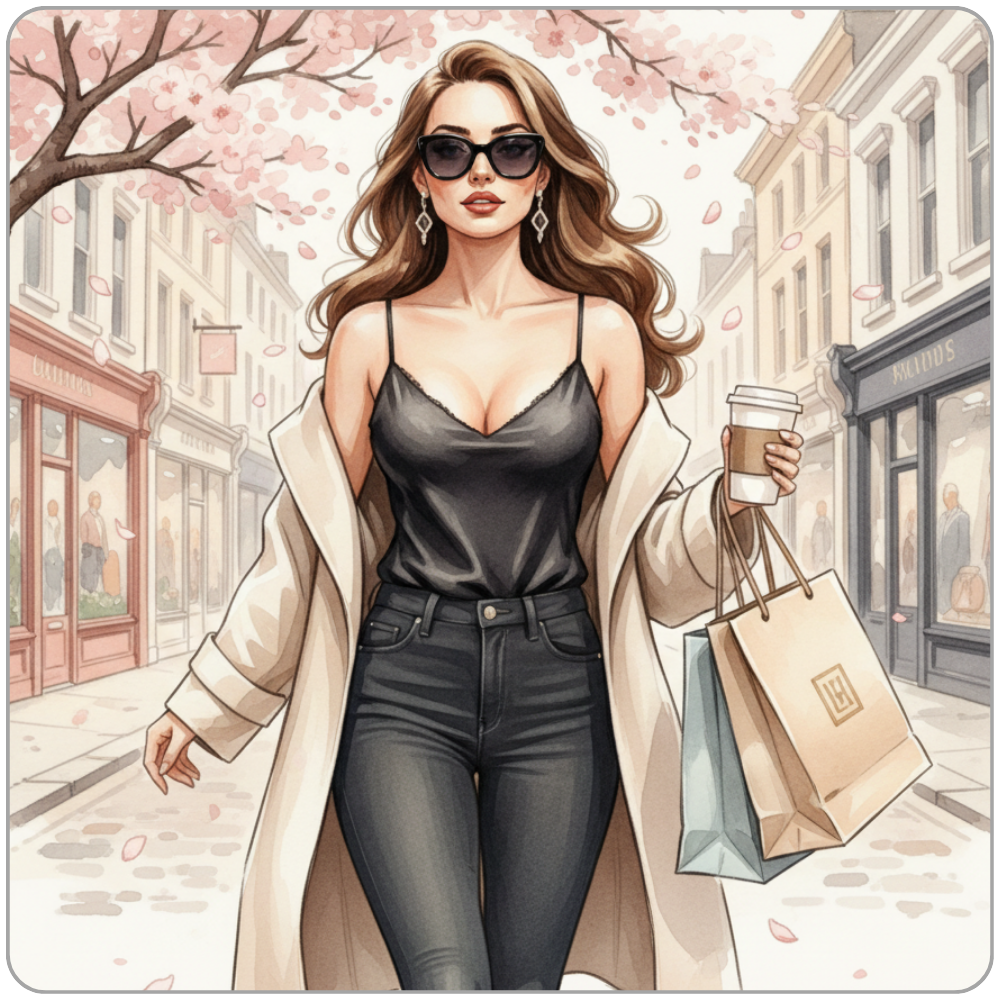 Ms Smyth of The Smyth Fund mid-stride along a London shopping street in spring, wearing a black silk camisole, dark fitted jeans, and an oversized camel coat worn loose off the shoulders. Large black sunglasses, statement earrings, two luxury shopping bags in hand. Cherry blossom overhead, pale Georgian shopfronts behind her.