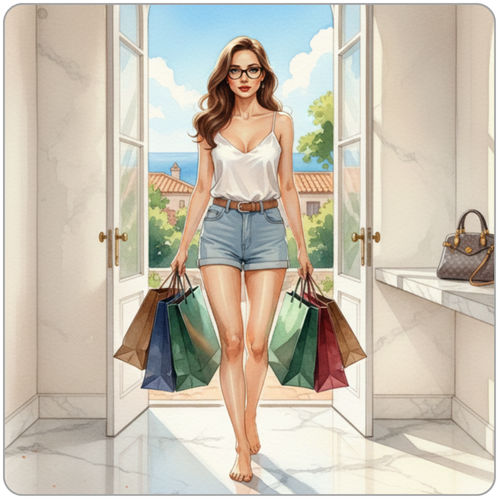 Ms Smyth of The Smyth Fund stepping through open French doors into a sun-lit luxury villa, barefoot on pale marble, carrying multiple shopping bags in both hands. White silk camisole, light denim shorts, tan belt, glasses. Mediterranean sky, terracotta rooftops and lush greenery visible behind her. Designer handbag resting on a marble shelf to one side.