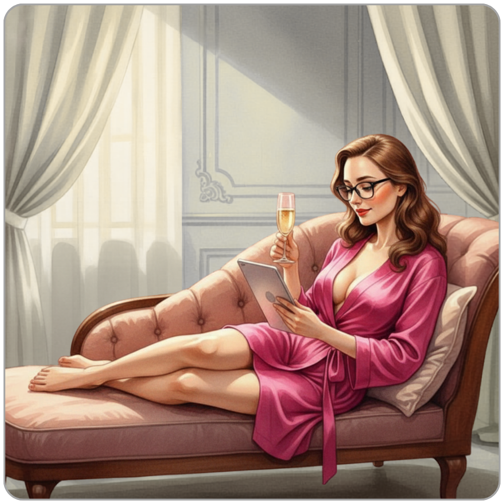 A watercolour illustration of Ms Smyth of The Smyth Fund reclining on a chaise longue, champagne flute in hand, absorbed in her tablet. Unhurried, self-contained, and entirely unbothered - funded by her paypig. A soft, expensive interior with draped curtains and warm light.