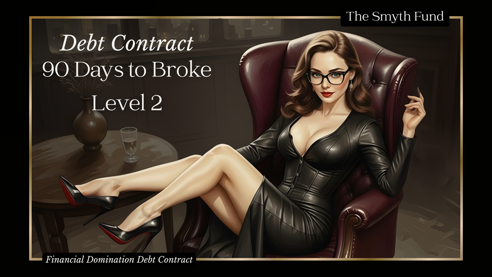Illustrated promotional image for "90 Days to Broke" debt contract. A woman in a fitted black leather dress reclines in a burgundy leather wingback chair, legs crossed, wearing black stiletto heels with red soles. Dark sophisticated office setting with city lights visible through the window. Text reads "Debt Contract: 90 Days to Broke" with The Smyth Fund branding.