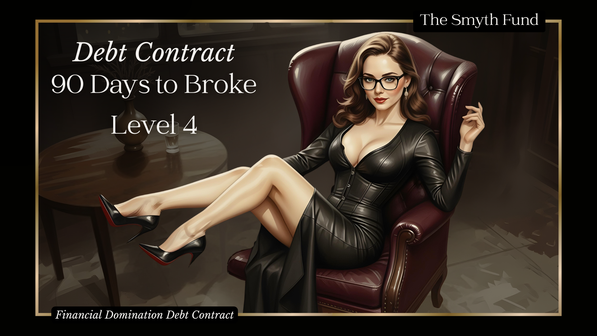 Illustrated promotional image for "90 Days to Broke" debt contract. A woman in a fitted black leather dress reclines in a burgundy leather wingback chair, legs crossed, wearing black stiletto heels with red soles. Dark sophisticated office setting with city lights visible through the window. Text reads "Debt Contract: 90 Days to Broke" with The Smyth Fund branding.