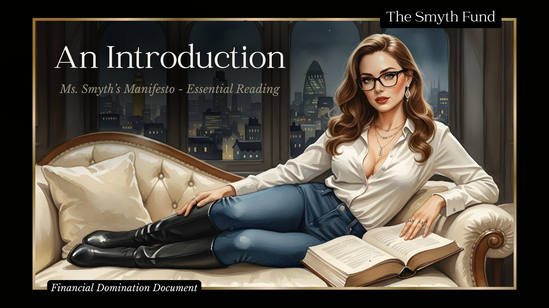 A cinematic watercolour illustration of Ms. Smyth reclining on a cream chaise longue, wearing a white silk shirt, dark jeans, and polished black knee boots. She holds an open book, wears glasses and delicate jewellery, and surveys the viewer with cool composure. A city skyline glows in the window behind her. The Smyth Fund branding appears top right.