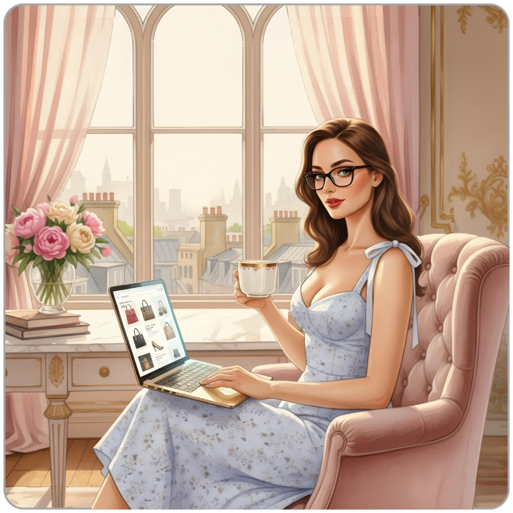 Ms Smyth of The Smyth Fund seated in a blush velvet armchair, coffee cup in hand, browsing designer handbags on a laptop, London rooftops visible through arched sash windows, luxurious feminine home office, pink peonies, gold details - FinDom April