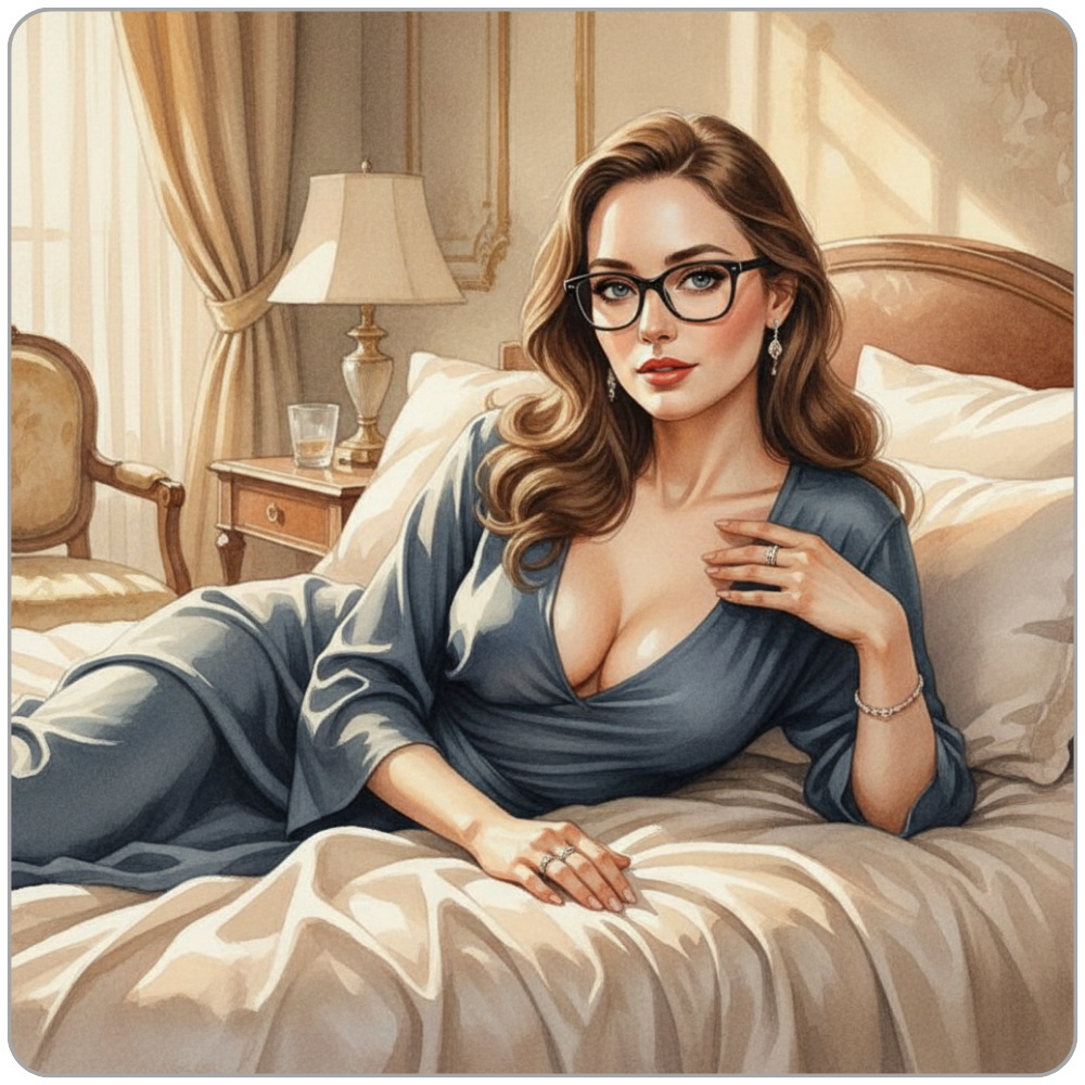 Ms Smyth reclining on silk sheets in a blue robe, gaze direct and composed, watercolour illustration for The Smyth Fund