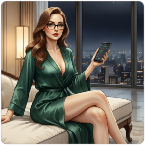 Ms Smyth in emerald silk displaying deposit notifications, city lights behind her — elite findom lifestyle