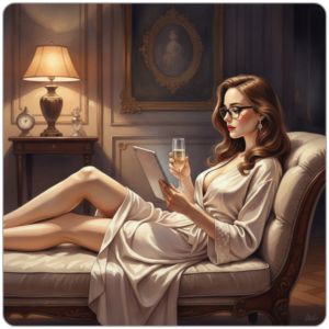 Ms Smyth of The Smyth Fund reclining on a chaise longue in silk, champagne in hand, reviewing her accounts — luxury financial domination