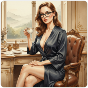 Ms Smyth at her desk with morning coffee, silk robe, English countryside visible through the window — luxury findom authority