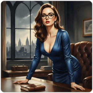 Ms Smyth of The Smyth Fund leaning over her desk in a fitted dress, direct gaze, opulent office, city skyline at night — financial domination greed