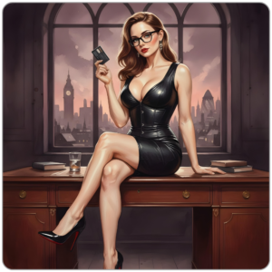 Ms Smyth of The Smyth Fund sitting on a mahogany desk holding a credit card, fitted black leather dress, Louboutin heels, glasses, London skyline at dusk through arched windows — wallet drain findom