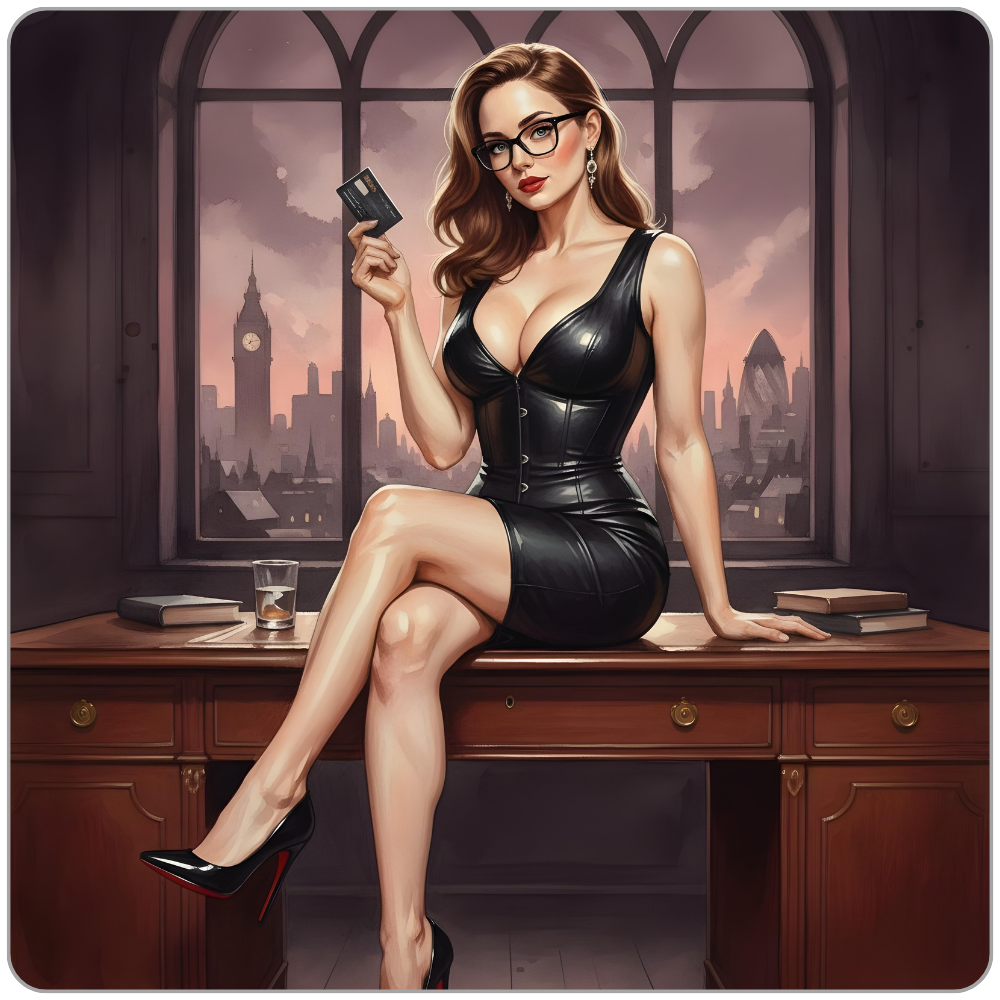 Ms Smyth of The Smyth Fund sitting on a mahogany desk holding a credit card, fitted black leather dress, Louboutin heels, glasses, London skyline at dusk through arched windows — wallet drain findom