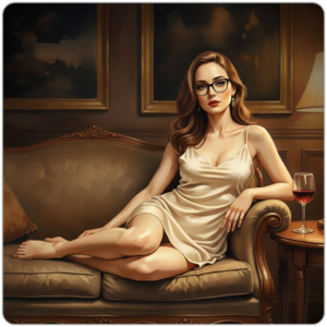 Ms Smyth of The Smyth Fund reclining on a velvet chaise longue in a silk chemise, glasses, auburn hair, red lips, glass of red wine on the side table - luxury FinDom Saturday evening