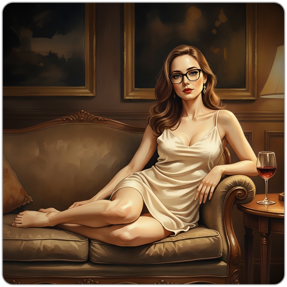 Ms Smyth of The Smyth Fund reclining on a velvet chaise longue in a silk chemise, glasses, auburn hair, red lips, glass of red wine on the side table - luxury FinDom Saturday evening