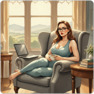 Ms Smyth of The Smyth Fund curled in a grey armchair, gymwear, glasses, red lips, coffee cup in hand, laptop open on the armrest, British countryside visible through tall windows — luxury FinDom Monday afternoon