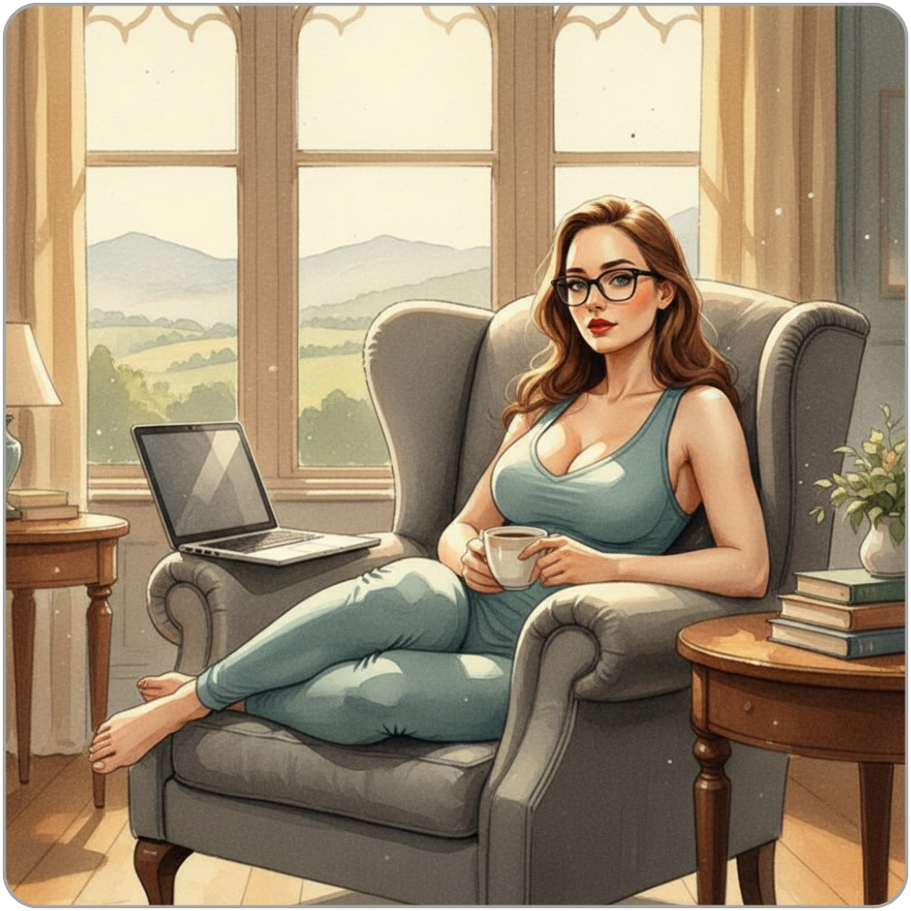 Ms Smyth of The Smyth Fund curled in a grey armchair, gymwear, glasses, red lips, coffee cup in hand, laptop open on the armrest, British countryside visible through tall windows — luxury FinDom Monday afternoon