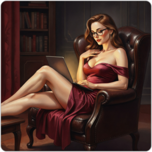 Ms Smyth of The Smyth Fund reclined in a dark leather armchair in a deep red off-shoulder silk dress, glasses, laptop open across her lap, laptop screen casting warm light across her décolletage - luxury financial domination debt contract FinDom