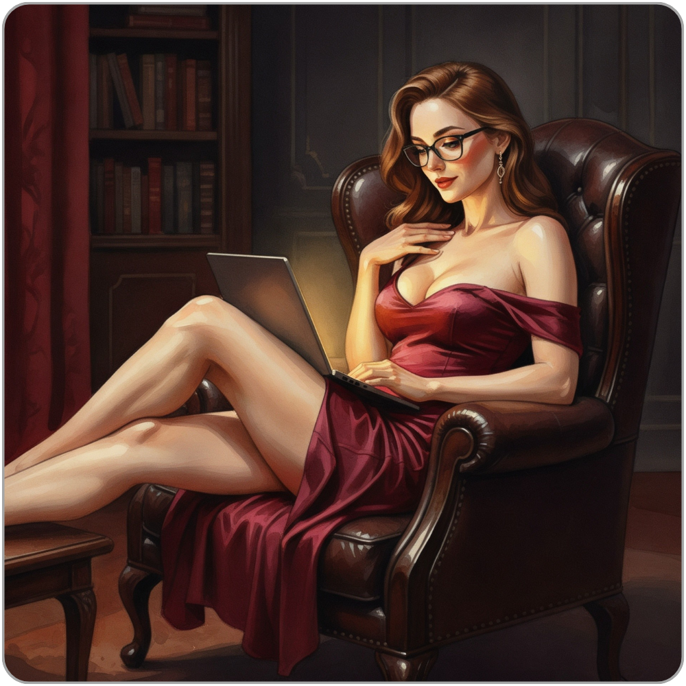 Ms Smyth of The Smyth Fund reclined in a dark leather armchair in a deep red off-shoulder silk dress, glasses, laptop open across her lap, laptop screen casting warm light across her décolletage - luxury financial domination debt contract FinDom
