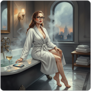 Ms Smyth of The Smyth Fund seated on the edge of a clawfoot bath in a white robe, glasses, red lips, wine glass and phone resting beside her, city skyline visible through a arched window at dusk - luxury FinDom payday blog post