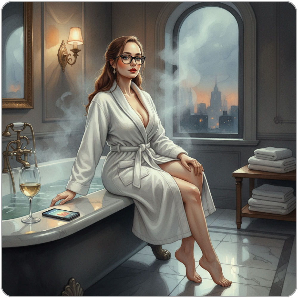 Ms Smyth of The Smyth Fund seated on the edge of a clawfoot bath in a white robe, glasses, red lips, wine glass and phone resting beside her, city skyline visible through a arched window at dusk - luxury FinDom payday blog post