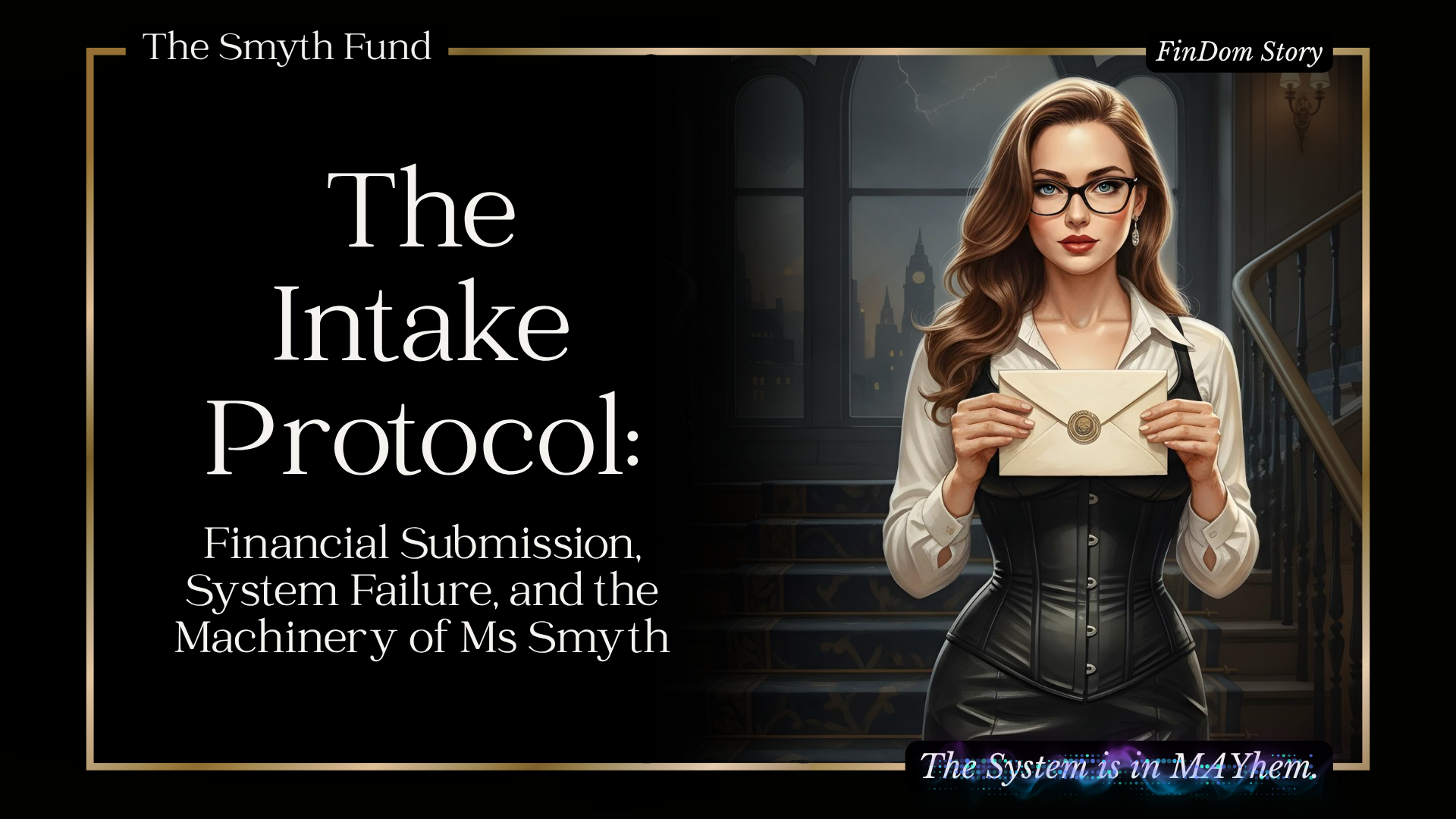 A composed, elegant woman in a white shirt and black corset stands on a grand staircase, holding a sealed envelope. London landmarks are visible through a stormy window behind her. Text reads: The Intake Protocol — Financial Submission, System Failure, and the Machinery of Ms Smyth. The System is in MAYhem.