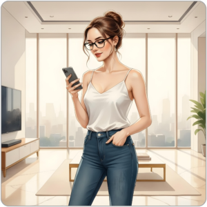Digital illustration of Ms Smyth - brunette hair pinned up, black-framed glasses, wearing a white silk camisole and dark jeans - standing in a bright, minimal high-rise apartment with floor-to-ceiling windows and a city skyline behind her. She holds her phone in one hand, glancing down at the screen with a composed half-smile: the expression of someone who has just seen exactly what she expected to see. The other hand rests in her pocket. The room is uncluttered, flooded with late-morning light.