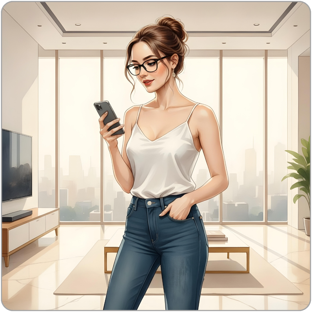 Digital illustration of Ms Smyth - brunette hair pinned up, black-framed glasses, wearing a white silk camisole and dark jeans - standing in a bright, minimal high-rise apartment with floor-to-ceiling windows and a city skyline behind her. She holds her phone in one hand, glancing down at the screen with a composed half-smile: the expression of someone who has just seen exactly what she expected to see. The other hand rests in her pocket. The room is uncluttered, flooded with late-morning light.