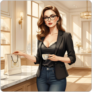 Digital illustration of Ms Smyth of The Smyth Fund standing in a luxury boutique interior, holding a coffee cup in one hand and a designer shopping bag in the other. She wears dark jeans, a snug black blazer, and a black lace-trim camisole, with black-framed glasses, pearl earrings, and red lips. The setting is warm and expensive - marble counter, gold wall sconces, soft afternoon light through tall windows. Her expression is composed and self-satisfied: a woman who has already spent and has no intention of stopping.