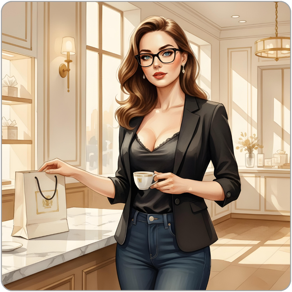 Digital illustration of Ms Smyth of The Smyth Fund standing in a luxury boutique interior, holding a coffee cup in one hand and a designer shopping bag in the other. She wears dark jeans, a snug black blazer, and a black lace-trim camisole, with black-framed glasses, pearl earrings, and red lips. The setting is warm and expensive - marble counter, gold wall sconces, soft afternoon light through tall windows. Her expression is composed and self-satisfied: a woman who has already spent and has no intention of stopping.