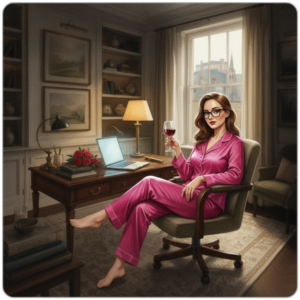 Ms Smyth of The Smyth Fund seated at her desk in pink silk pyjamas, glasses, red lips, wine glass raised, laptop open beside her - private client portal launch post