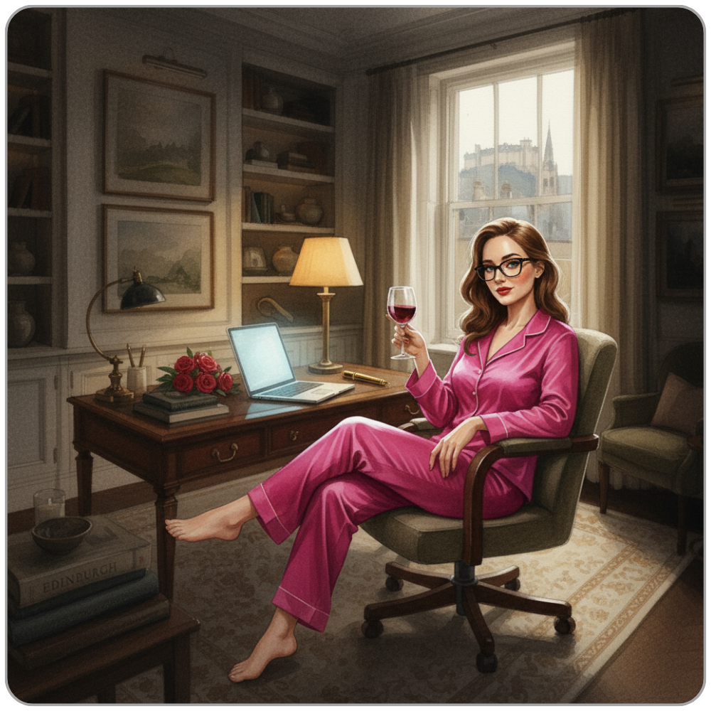 Ms Smyth of The Smyth Fund seated at her desk in pink silk pyjamas, glasses, red lips, wine glass raised, laptop open beside her - private client portal launch post