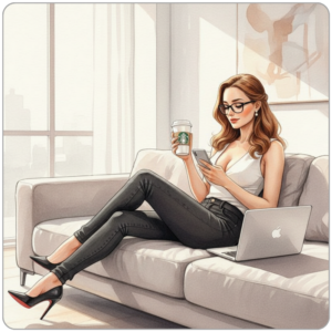 Ms Smyth reclining in quiet luxury, coffee in hand and laptop open, overseeing The Smyth Fund from her private living space.