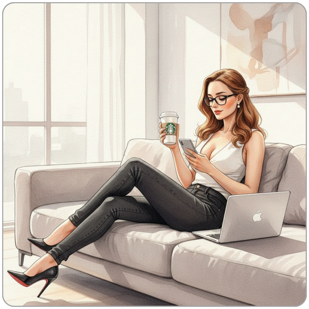 Ms Smyth reclining in quiet luxury, coffee in hand and laptop open, overseeing The Smyth Fund from her private living space.