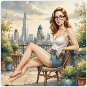 Editorial watercolour illustration of Ms Smyth reclining on a rooftop terrace overlooking the London skyline, framed by the Shard and Gherkin, evoking relaxed luxury and quiet control.