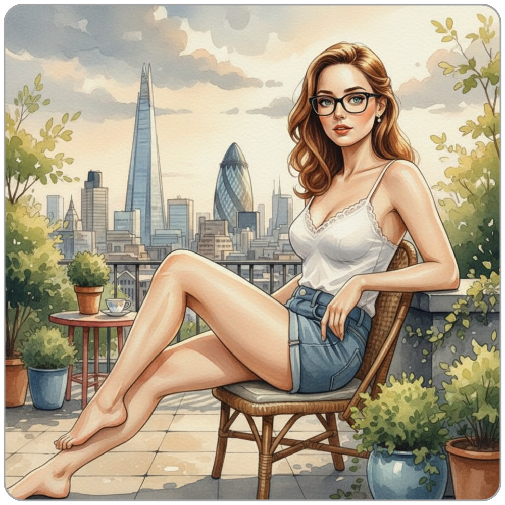 Editorial watercolour illustration of Ms Smyth reclining on a rooftop terrace overlooking the London skyline, framed by the Shard and Gherkin, evoking relaxed luxury and quiet control.