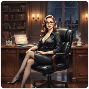 Ms Smyth of The Smyth Fund seated at a mahogany executive desk in a black dress and glasses, auburn hair, open laptop and steaming cup beside her, city skyline at night through arched windows — FinDom and the irresistible pull of financial submission