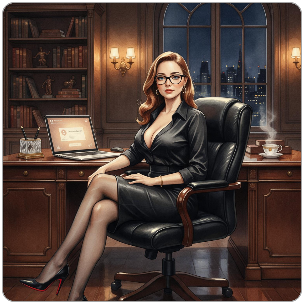 Ms Smyth of The Smyth Fund seated at a mahogany executive desk in a black dress and glasses, auburn hair, open laptop and steaming cup beside her, city skyline at night through arched windows — FinDom and the irresistible pull of financial submission
